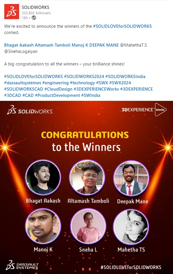  winners of the #SOLIDLOVEforSOLIDWORKS contest.